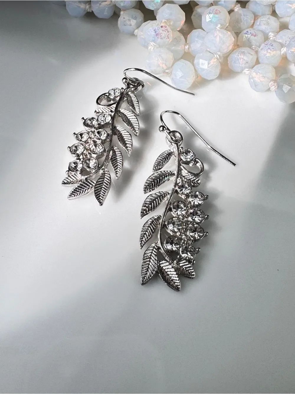 Zara Vintage Silver Leaf Crystal Drop Earrings
